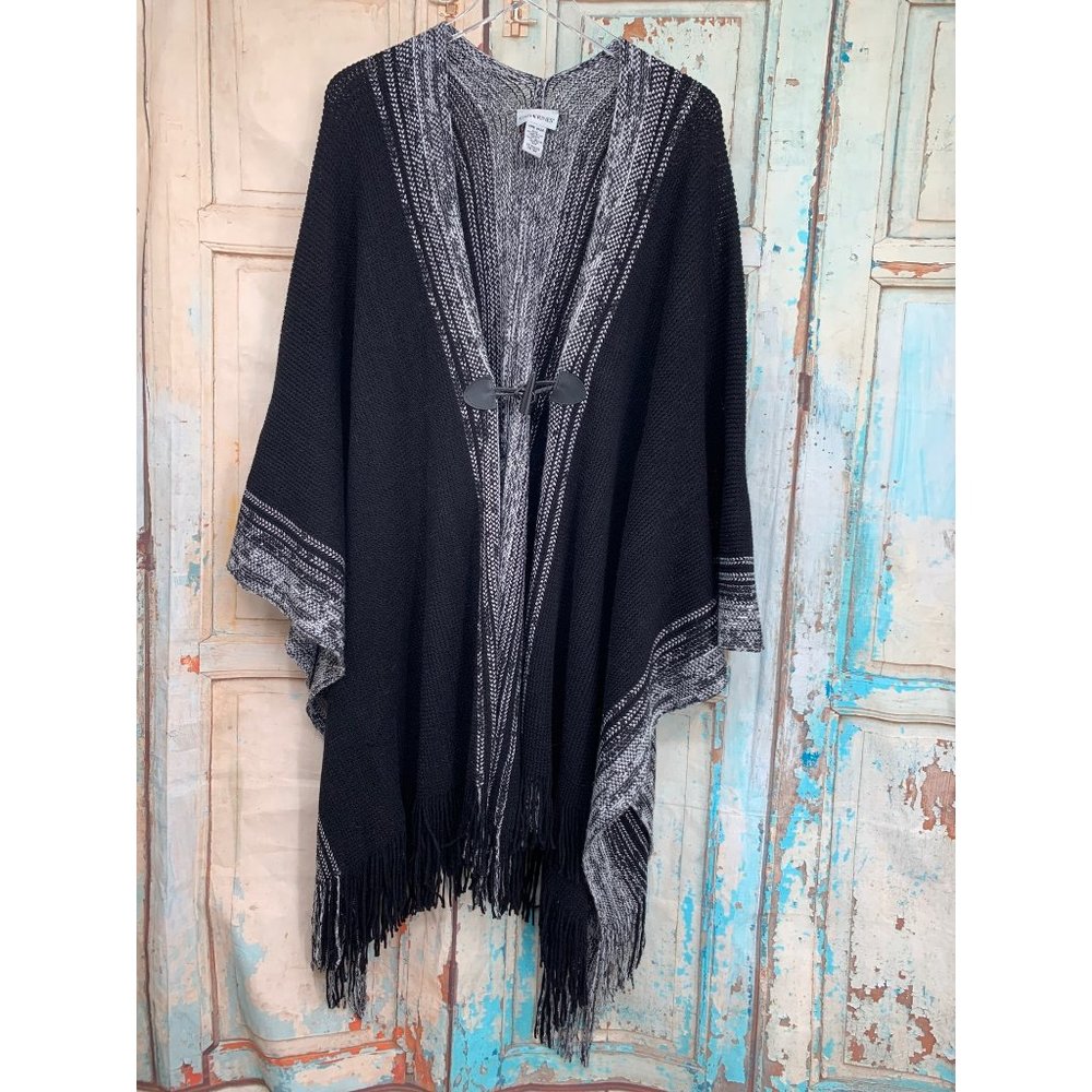 Catherines Womans OS Open front Single Button Cardigan with Fringe Black Gray Ac